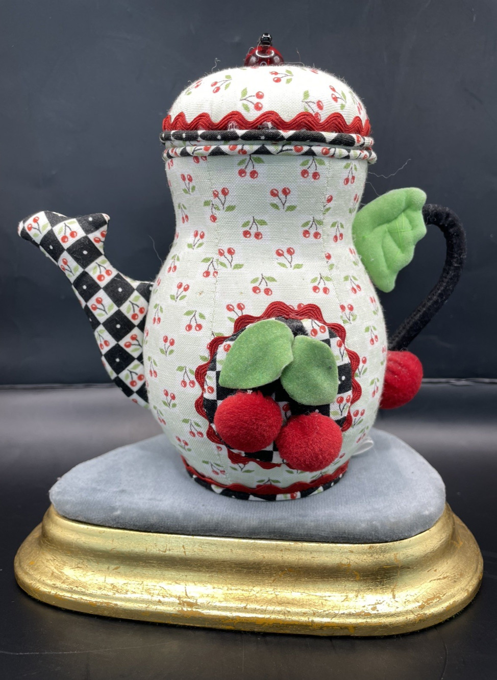 Mary Engelbreit Vintage Collectible Teapot Pin Cushion Cherry On Checks